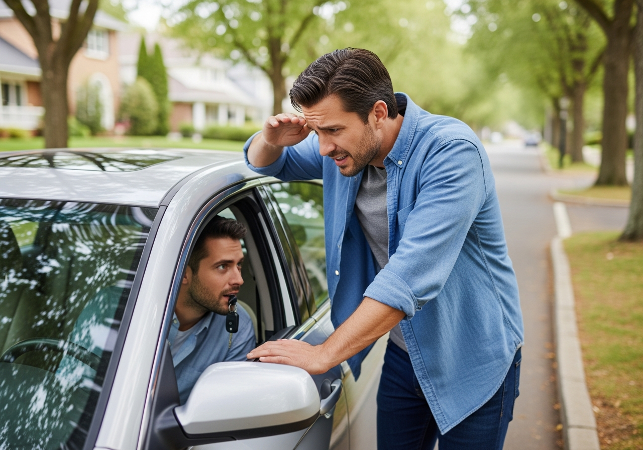 Man looking through car window at keys left inside locked vehicle