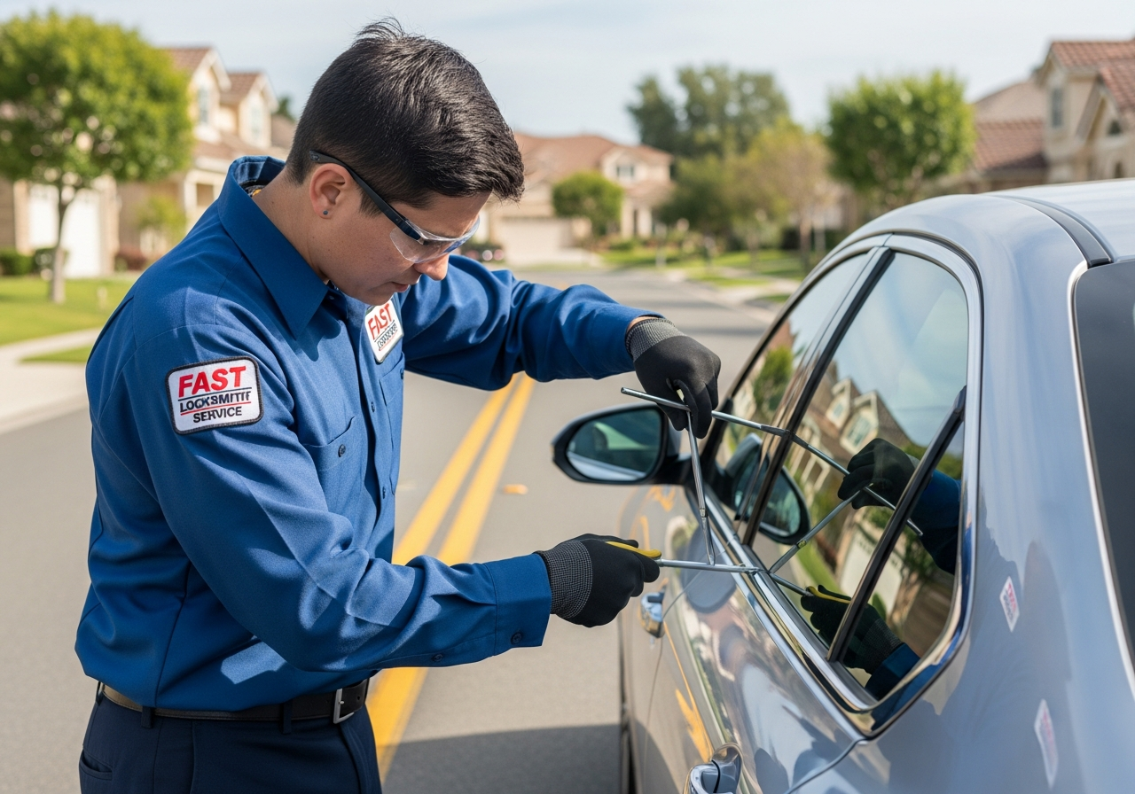 Professional locksmith unlocking a car door on a suburban street