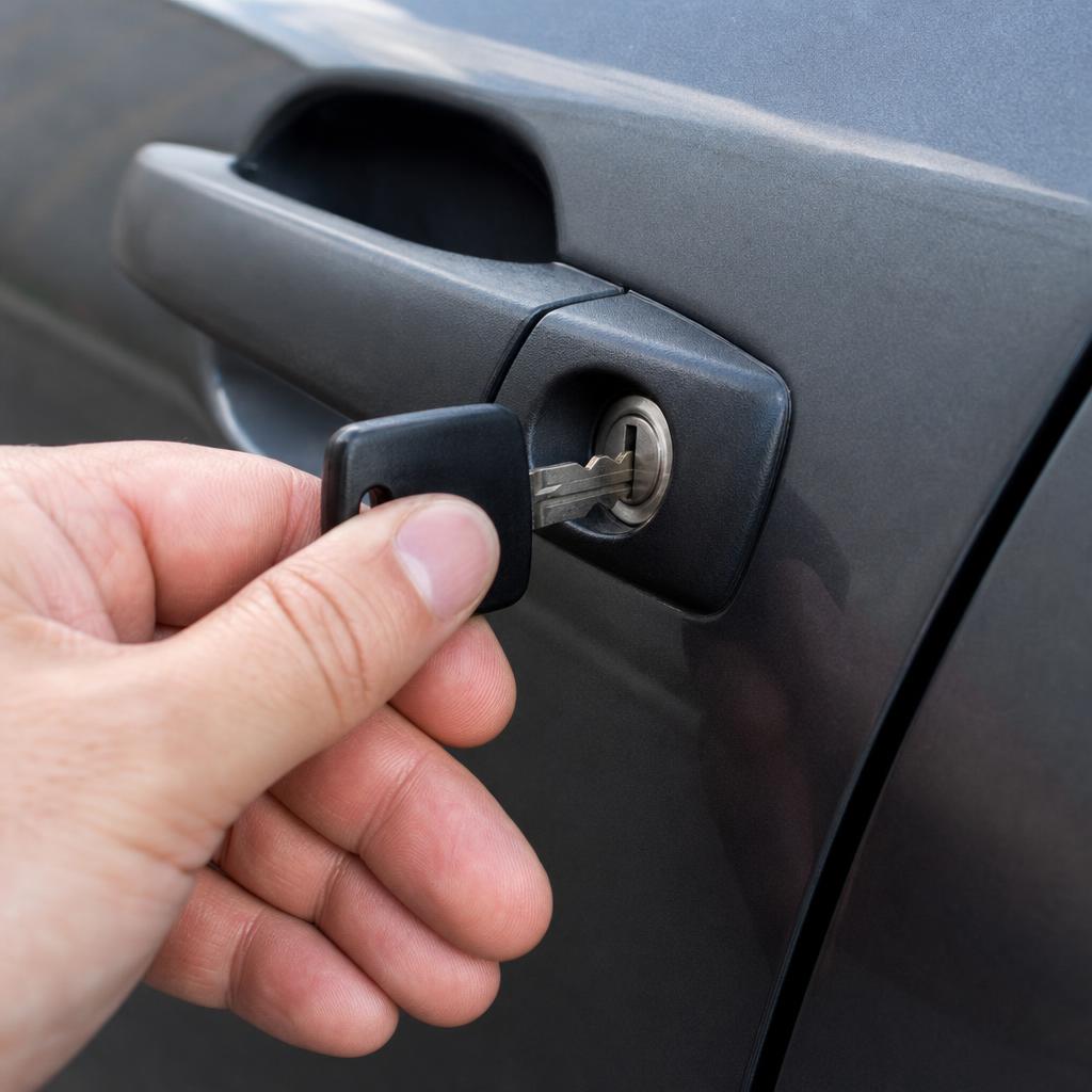 Hand inserting a car key into a vehicle door lock — automotive locksmith services from Jim's Lock and Safe in Kansas City, MO