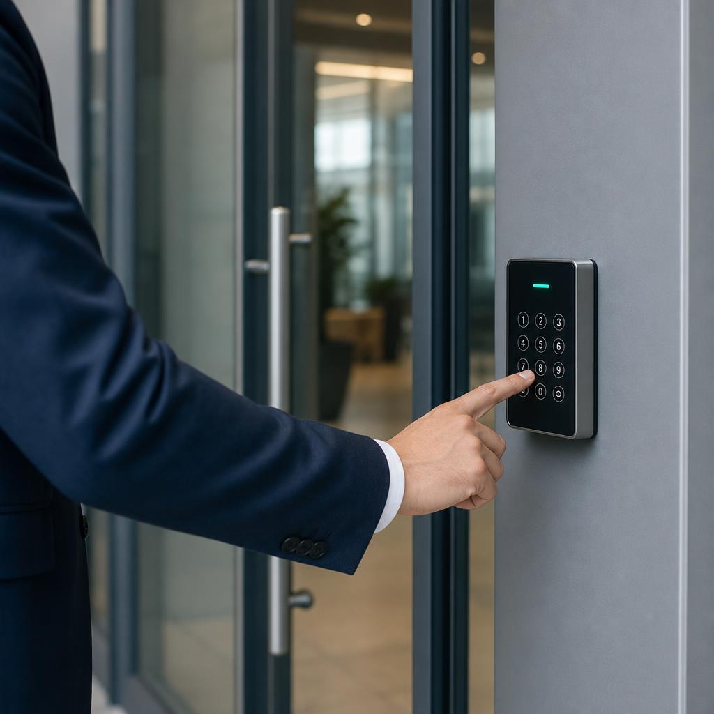 Businessman entering keycode on commercial office door keypad — commercial locksmith services from Jim's Lock and Safe in Kansas City, MO
